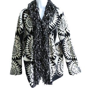 Chicos Cotton Silk Knit Cardigan Sweater Thick Fringe Collar Lapel Medallion XL